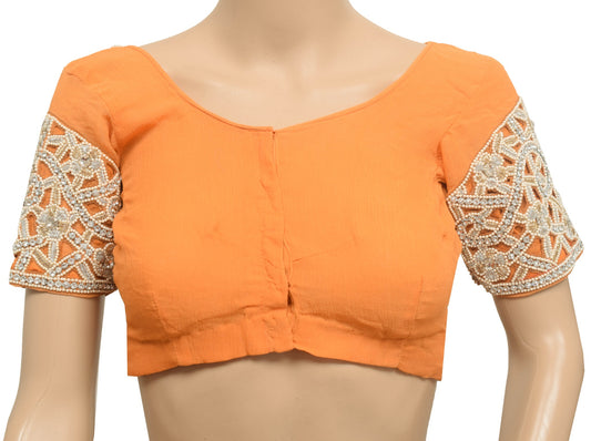 Sushila Vintage Orange Chiffon Stitched Sari Blouse Cut Work Embroidery Choli 28