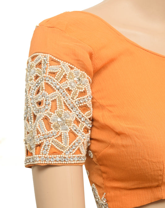 Sushila Vintage Orange Chiffon Stitched Sari Blouse Cut Work Embroidery Choli 28