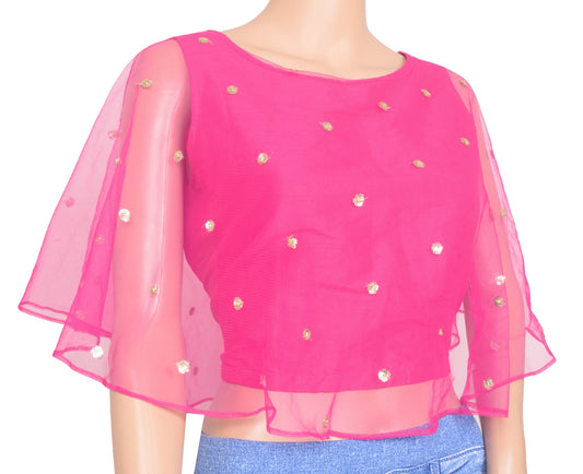 Branded Readymade Pink Sequins Beaded Net Women New Crop Cape Sleeve Top Size 36