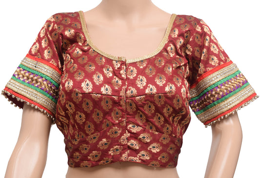 Sushila Vintage Stitched Maroon Sari Blouse Zari Woven Paisley Designer Choli 36