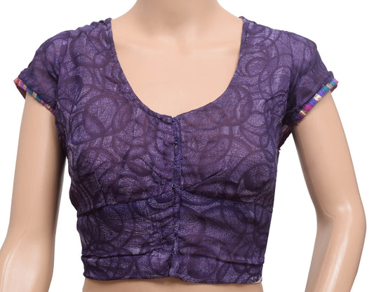 Sushila Vintage Readymade Stitched Purple Sari Blouse Georgette Printed Choli 42