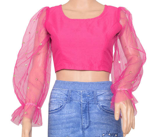 Size 34 Stitched Sari Blouse Pink Sheer Net Puff Sleeve Branded New Crop Top
