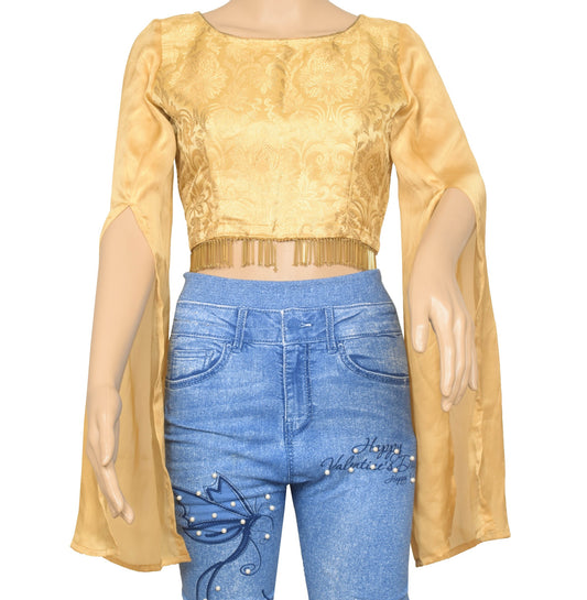 Size 32 New Top Readymade Branded Sari Blouse Satin Silk Floral Woven Crop Top