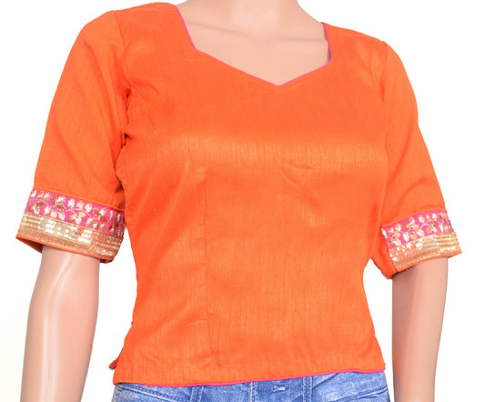 Sushila Vintage Stitched Long Blouse For Saree Orange Silk Designer Choli Size36
