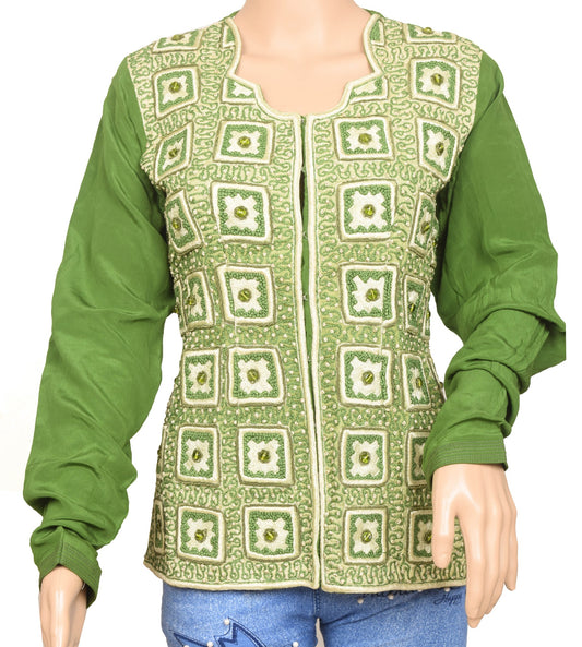 Sushila Vintage Top Stitched Pure Crepe Silk Green Embroidered Short Kurti 34