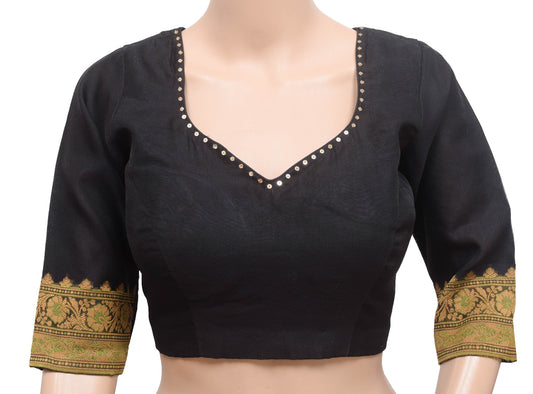 Sushila Vintage Readymade Silk Sari Blouse Black Woven Padded Top For Women 34