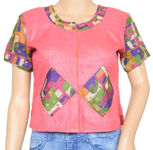 Size 32 Vintage Pure Silk Readymade Sari Blouse Pink Patch Work Designer Top