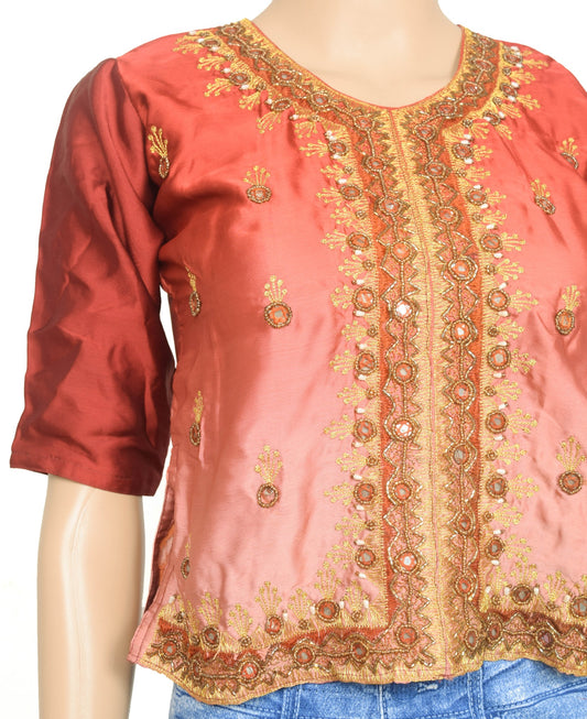 Sushila Vintage Stitched Sari Blouse Satin Silk Maroon Shaded Hand Beaded Top 32