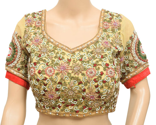 Sushila Vintage Stitched Heavy Bridal Sari Blouse Cream Net Hand Beaded Top 32
