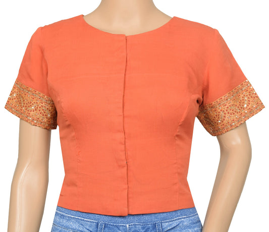 Sushila Vintage Orange Stitched Sari Blouse Georgette Silk Woven Handmade Top 34