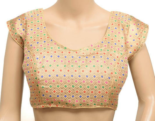 Vintage Golden Stitched Padded Sari Blouse Silk Floral Woven Designer Choli 36