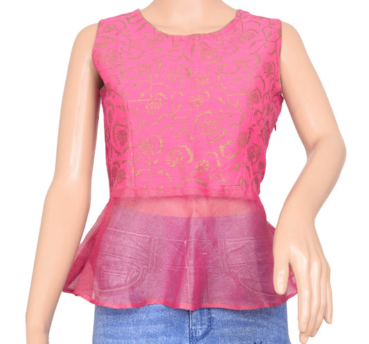 Vintage Readymade Silk Pink Regular Peplum Top Branded Round Neck Floral Size 34