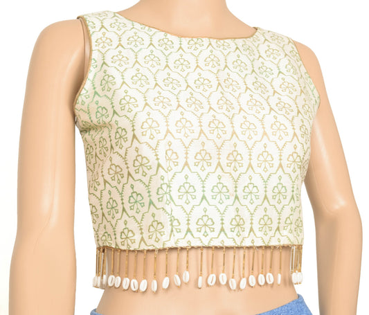 Vintage Off White Stitched Sari Blouse Silk Printed Designer Branded Top Size 34