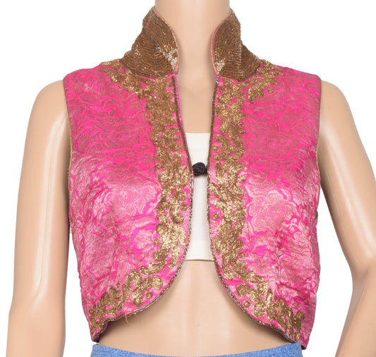 Size 34 Vintage Pink Stitched Silk Sari Blouse Zari Embroidered Designer Koti