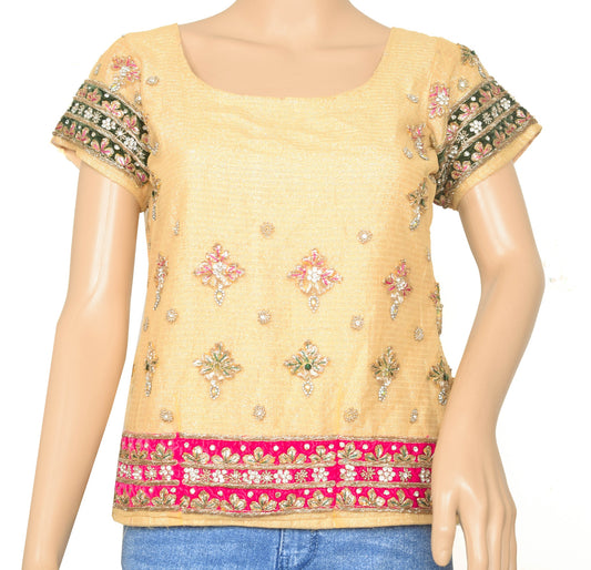 Size 32 Vintage Stitched Sari Blouse Golden Hand Beaded Floral Koti Style Top