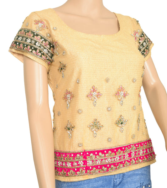 Size 32 Vintage Stitched Sari Blouse Golden Hand Beaded Floral Koti Style Top
