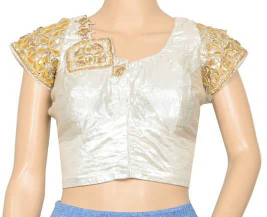 Size 38 Vintage Silver Stitched Sari Blouse Applique Work Designer Choli Top