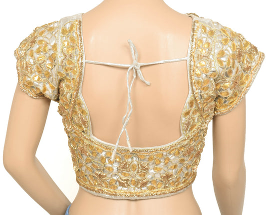 Size 38 Vintage Silver Stitched Sari Blouse Applique Work Designer Choli Top
