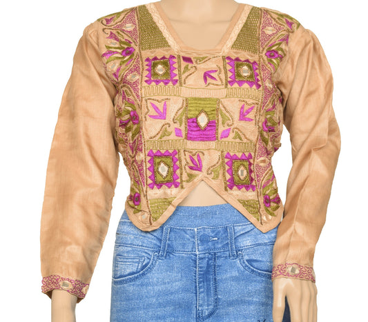 Vintage Brown Puff Sleeve Sari Blouse Silk Embroidered Designer Choli Size34 Top