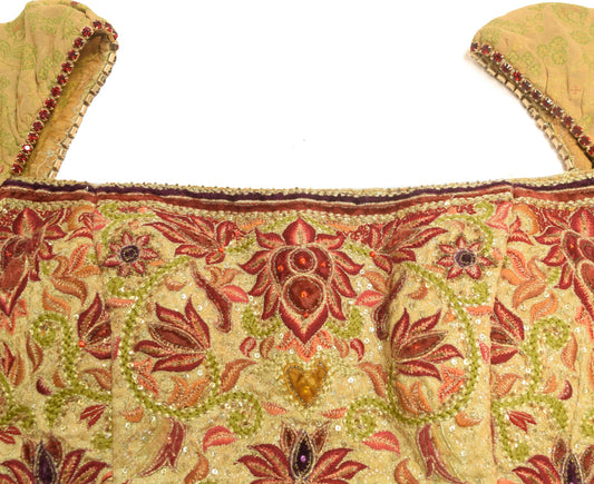 Vintage Readymade Heavy Golden Sari Blouse Embroidered Designer Silk Top Size 32