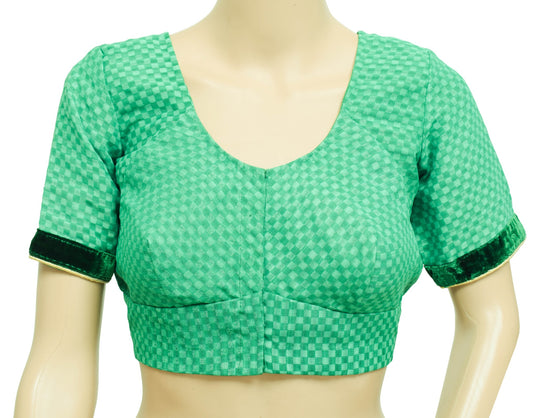 Size 34 Vintage Green Checks Printed Stitched Sari Blouse Georgette Silk Top
