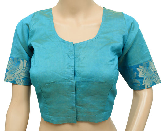 Sushila Vintage Turquoise Blue Stitched Sari Blouse Silk Woven Choli Top Size 36