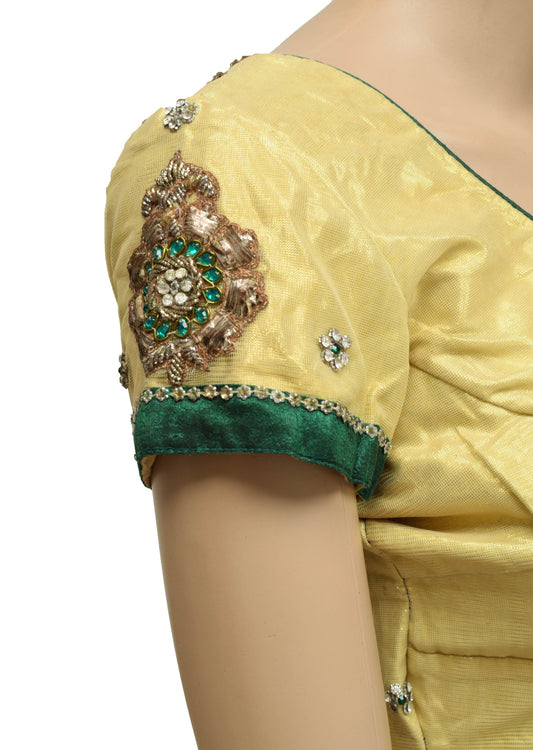 Sushila Vintage Golden Zardozi Work Stitched Net Sari Blouse Designer Top Size30