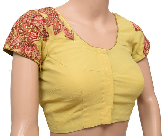 Sushila Vintage Yellow Stitched Sari Blouse Pure Georgette Hand Work Top Size34