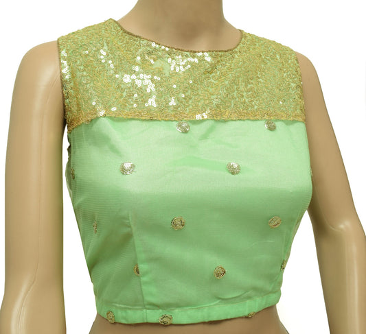 Sushila Vintage Readymade Green Sari Blouse Branded Net Sequins Crop Top Size36