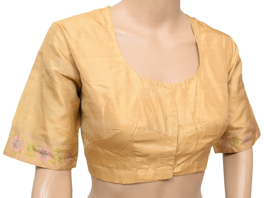 Sushila Vintage Readymade Beige Sari Blouse Pure Tussar Silk Woven Choli Size 38