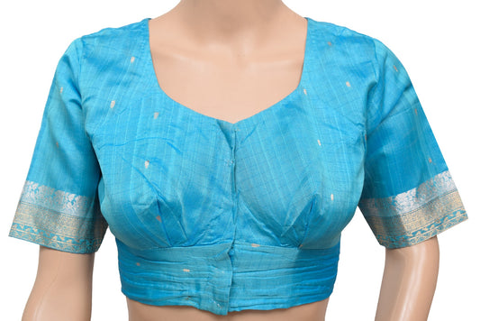 Sushila Vintage Readymade Sari Blouse Turquoise Blue Pure Silk Woven Top Size36