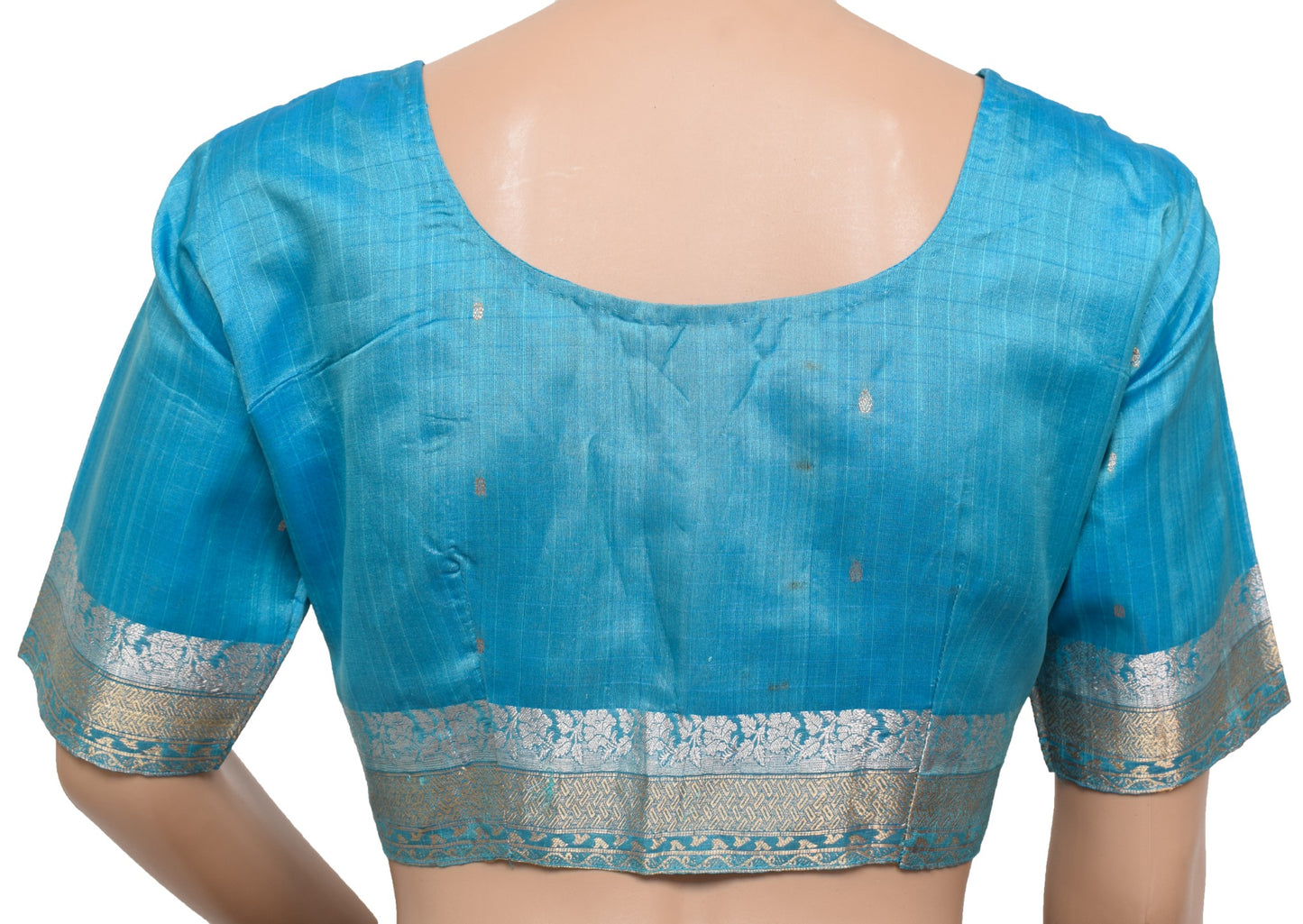 Sushila Vintage Readymade Sari Blouse Turquoise Blue Pure Silk Woven Top Size36