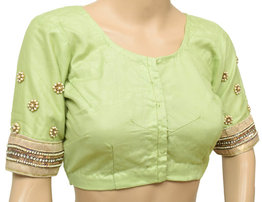 Sushila Vintage Readymade Green Sari Blouse Net Floral Designer Choli Top Size30