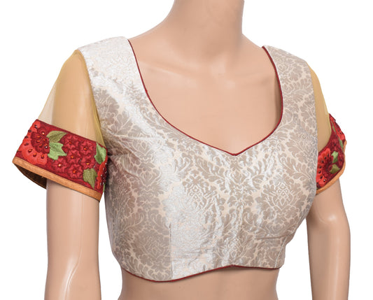 Sushila Vintage Zari Brocade Sari Blouse White Readymade Silk Designer Choli 36"