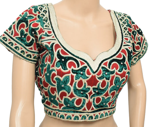 Sushila Vintage Red Green Stitch Sari Blouse Velvet Embroidered Designer Top 34"