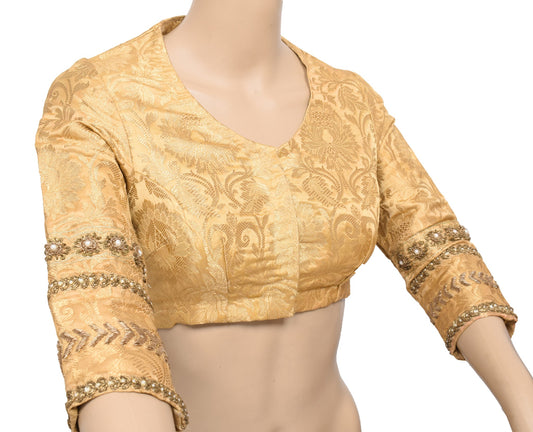 Sushila Vintage Golden Sari Blouse Readymade Zardozi Work Woven Satin Choli 32"