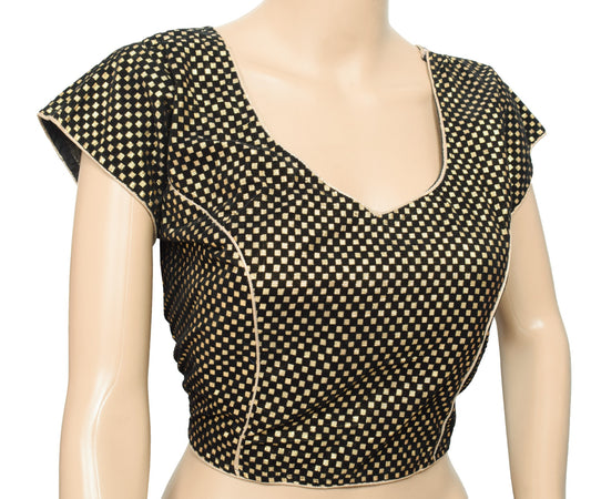 Sushila Vintage Gold Black Sari Blouse Checks Woven Velvet Zari Readymade Top40"
