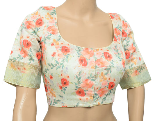 Sushila Vintage Green Floral Sari Blouse Cotton Silk Digital Print Top Choli 38"