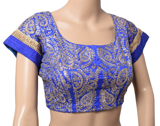 Sushila Vintage Blue Silk Stitched Sari Blouse Zari Embroidered Designer Top 36"