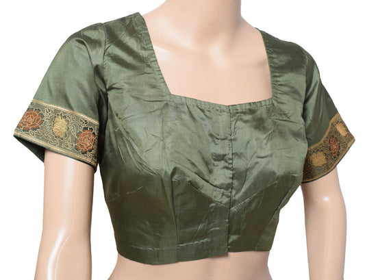 Sushila Vintage Sari Blouse Pure Silk Readymade Stitched Woven Green Choli 38"