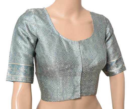 Sushila Vintage Gray Sari Blouse Readymade Pure Silk All Over Woven Choli 36"