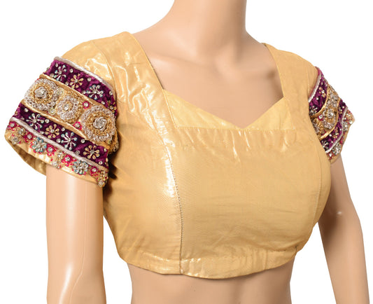 Sushila Vintage Golden Sari Blouse Padded Hand Beaded HEAVY Net Readymade Top38"