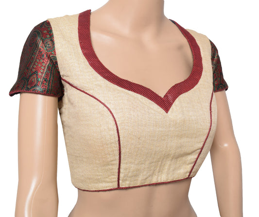 Sushila Vintage Readymade Cream Sari Blouse Khadi Cotton Woven Designer Choli38"