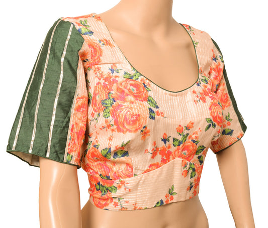 Sushila Vintage Readymade Cream Sari Blouse Digital Printed Art Silk Choli 40"