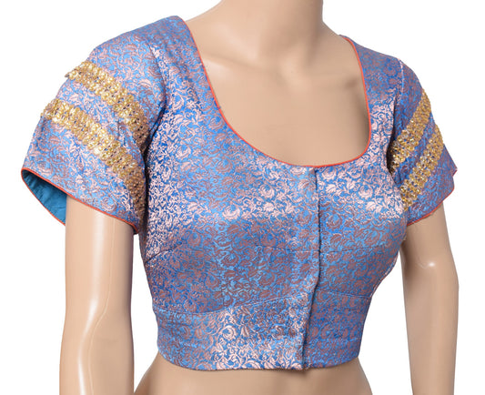 Sushila Vintage Banarasi Brocade Sari Blouse Pure Satin Readymade Blue Choli 36"
