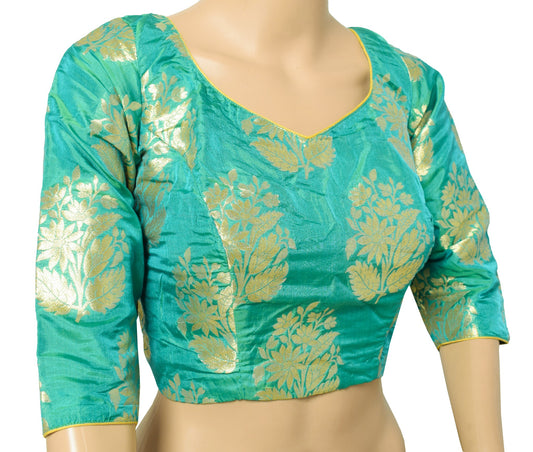 Sushila Vintage Readymade Aqua Green Sari Blouse Banarasi Brocade Silk Choli 36"