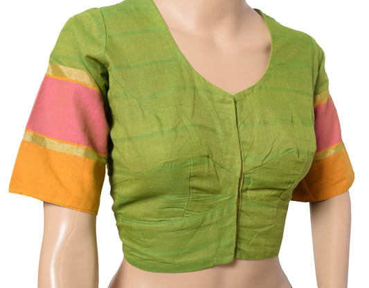 Sushila Vintage Readymade Green Sari Blouse Pure Cotton Woven Designer Choli 40"