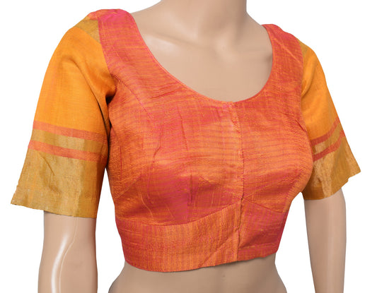 Sushila Vintage Pink & Mustard Stitched Sari Blouse Pure Silk Woven Choli 36"