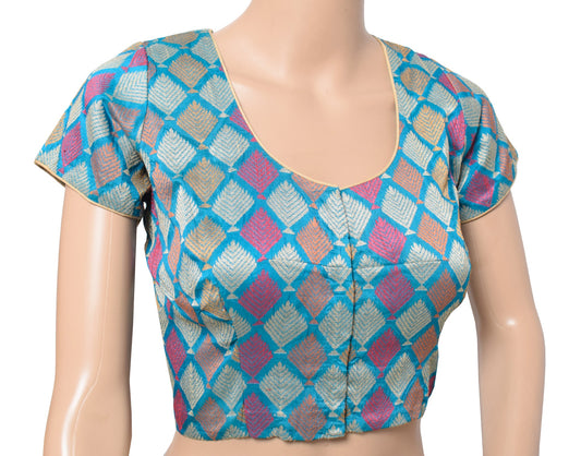Sushila Vintage Readymade Woven Sari Blouse Blue Pure Silk Designer Choli 38"