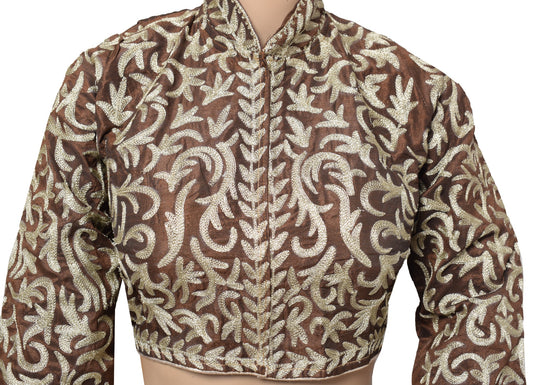 Sushila Vintage Brown Cropped Blouse with Long Sleeve Readymade Art Silk Top 38"